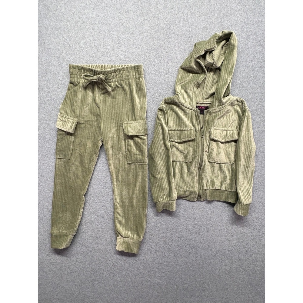 NYC Girls 4T Sage Green Ribbed Velour Tracksuit‎ Zip Hoodie Cargo Joggers Set